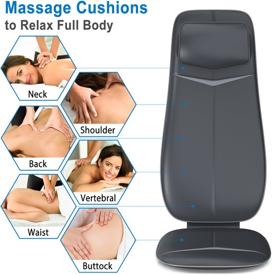 Coussin de massage shiatsu RENPHO - Massage complet du dos et de la nuque - Avec chaleur et vibrations - Zones et intensité réglables - Reconnaissance automatique de la hauteur - Convient à toute chaise - Idéal pour la maison ou le bureau