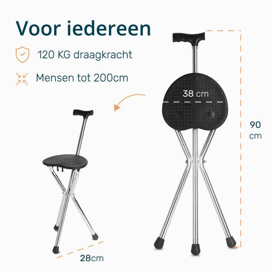 Bâton de marche pliant avec siège - Noir - 90 CM de haut - Pour personnes âgées