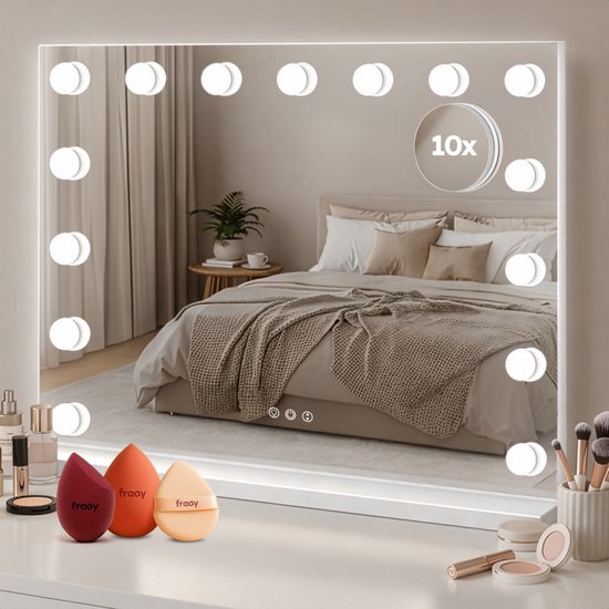 Fraay® Hollywood Mirror with Lighting 60x50cm - 3 Light modes - Luxury Make Up Mirror with 10x Magnification Mirror - LED Lighting Dimmable - Incl. 2 Beauty Blenders and Powder puff