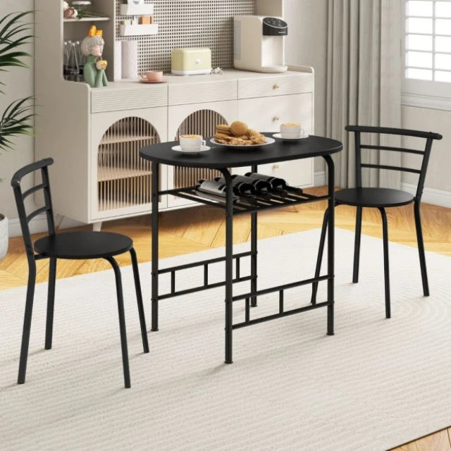 Coast Dining Table Set Black - 3-Piece Bar Table Set with 2 Chairs and Wine Rack - Table 80 x 53 x 77 cm