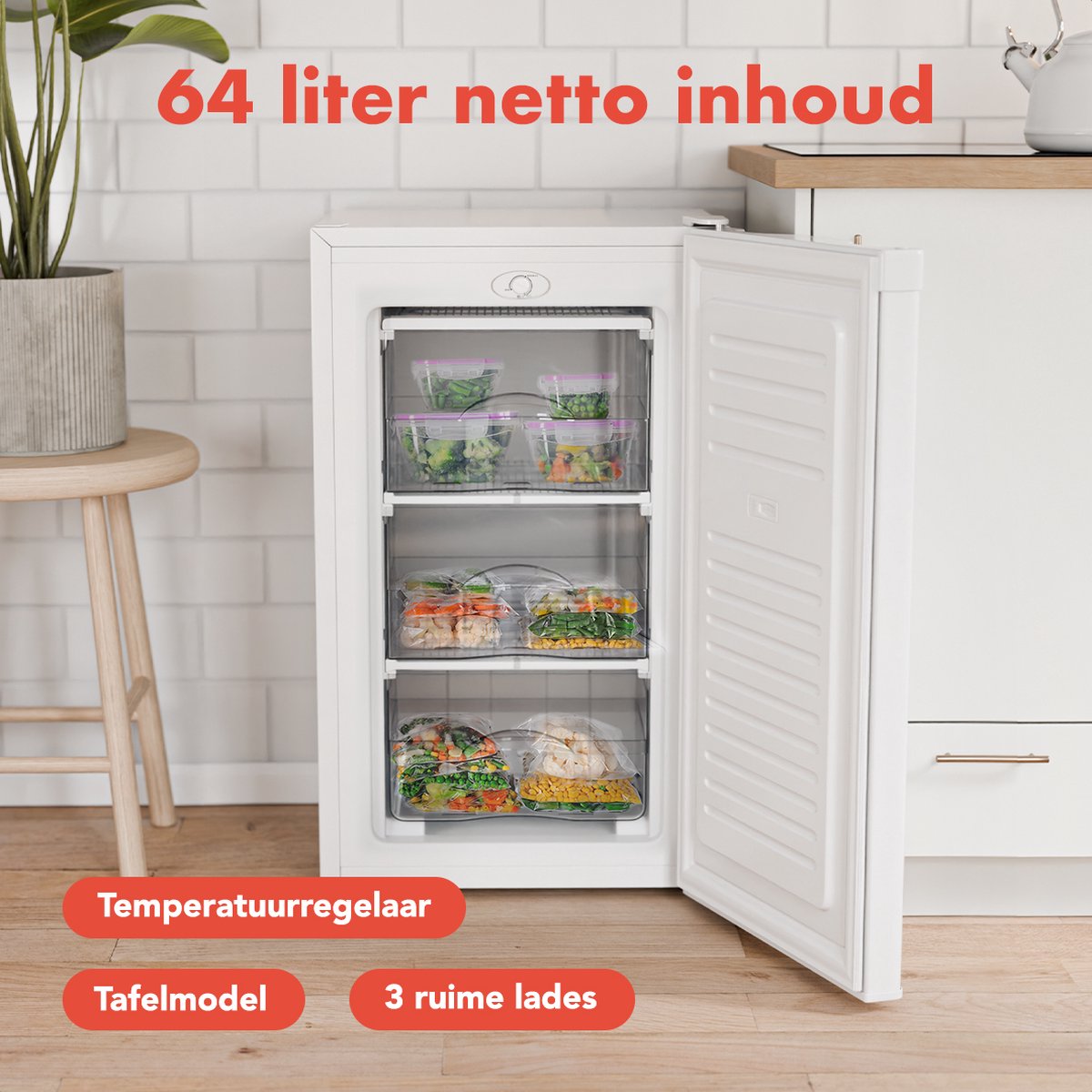 KitchenBrothers Freezer - 64L - Compact Table Top - 3 tiroirs de congélation - Congélateur - Freestanding - White