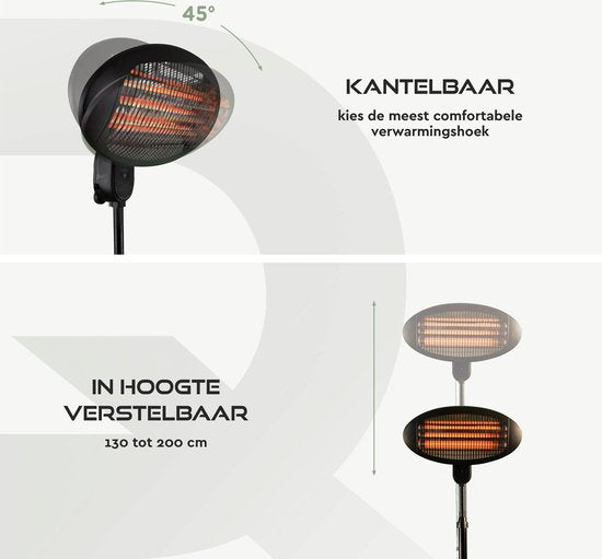 BRASQ Chauffe-terrasse électrique sur pied PHS100 - Chauffe 2000W - 3 niveaux de chaleur - Réglable - Résistant aux éclaboussures - Pour l'intérieur et l'extérieur - Noir