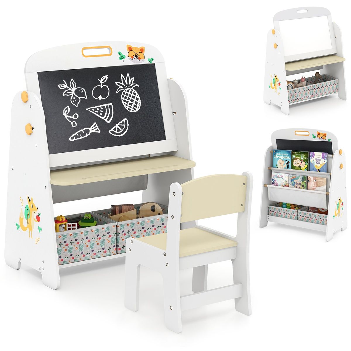Ensemble de table et chaise pour enfant Coast - Conception 4-en-1 - Étagère à livres et espace de rangement - Couleur naturelle