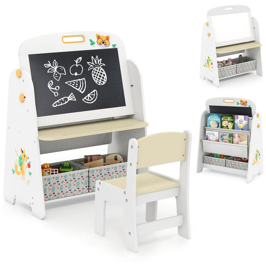 Ensemble de table et chaise pour enfant Coast - Conception 4-en-1 - Étagère à livres et espace de rangement - Couleur naturelle
