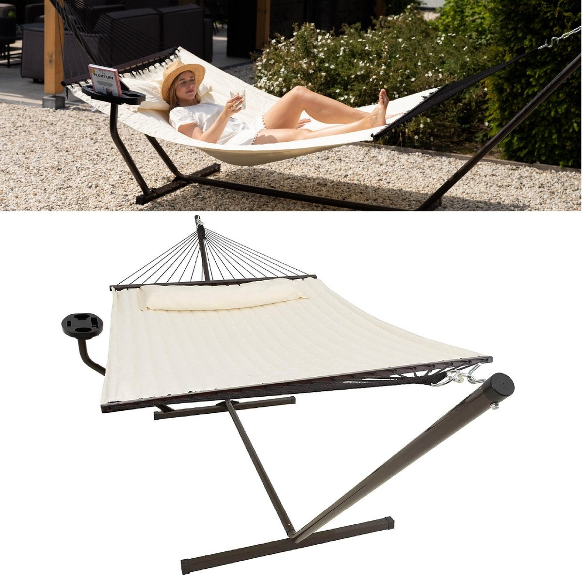 Support de Hamac avec toile Vita5 - 2 places - avec porte-gobelet - Beige