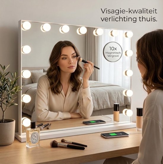 Miroir OMNIEXA Hollywood 58 × 46 cm – 15 ampoules LED – 3 couleurs de lumière – Intensité réglable – Grossissement 10x – USB-C – Miroir de maquillage – Miroir de coiffure – Coiffeuse – Blanc
