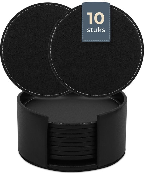 Castagnola Sous-verres en simili-cuir - Sous-verres pour verres - Sous-verres design avec support - Sous-verres en cuir - Cuir - Lot de 10 - Noir avec surpiqûres