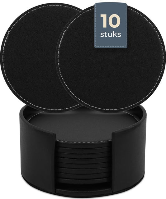 Castagnola Sous-verres en simili-cuir - Sous-verres pour verres - Sous-verres design avec support - Sous-verres en cuir - Cuir - Lot de 10 - Noir avec surpiqûres