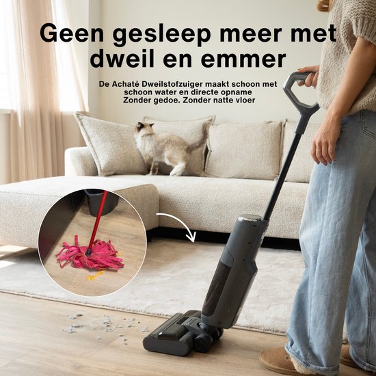 Achaté Nettoyeur de sols - 3-en-1 Aspirateur à manche avec fonction serpillière - Nettoyeur de sols secs et humides - Sans fil 55 min - Auto-nettoyant - Pour des sols propres et sans traces