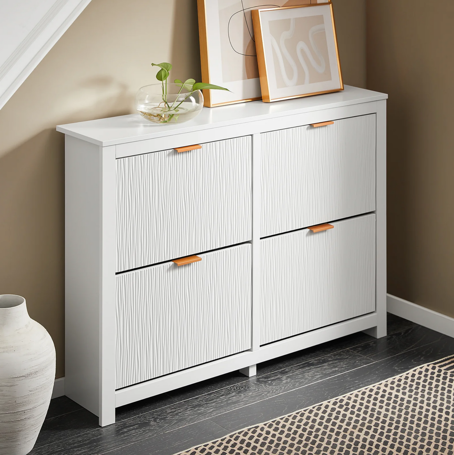 SoBuy FSR186-II-W Meuble à chaussures - Meuble de rangement étroit avec 4 abattants, compact et peu encombrant pour l'entrée et le salon - 104x23x82 cm - Blanc