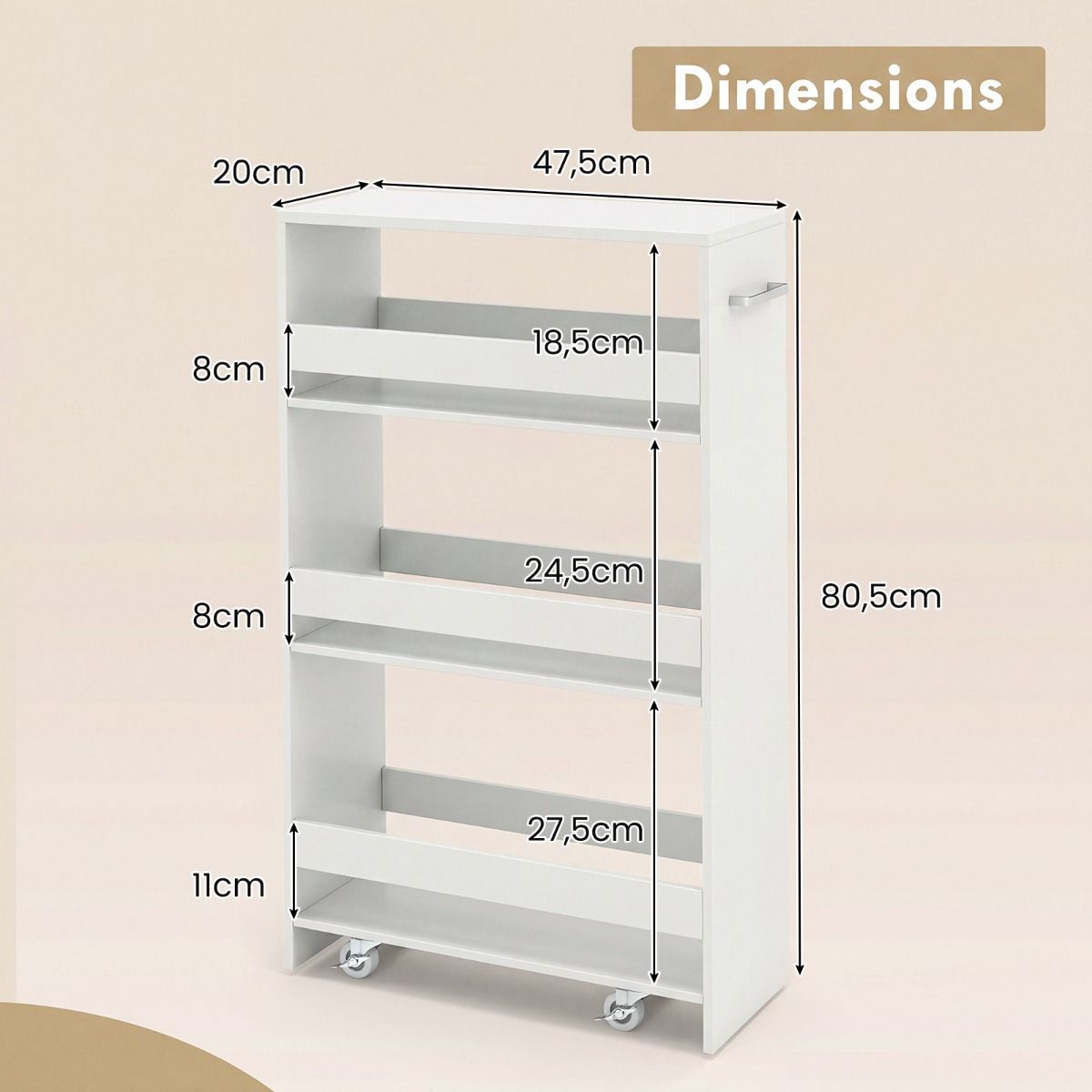 Chariot de cuisine Coast - étagère étroite à niches sur roulettes - 4 niveaux - blanc - 47,5 x 20 x 80,5 cm