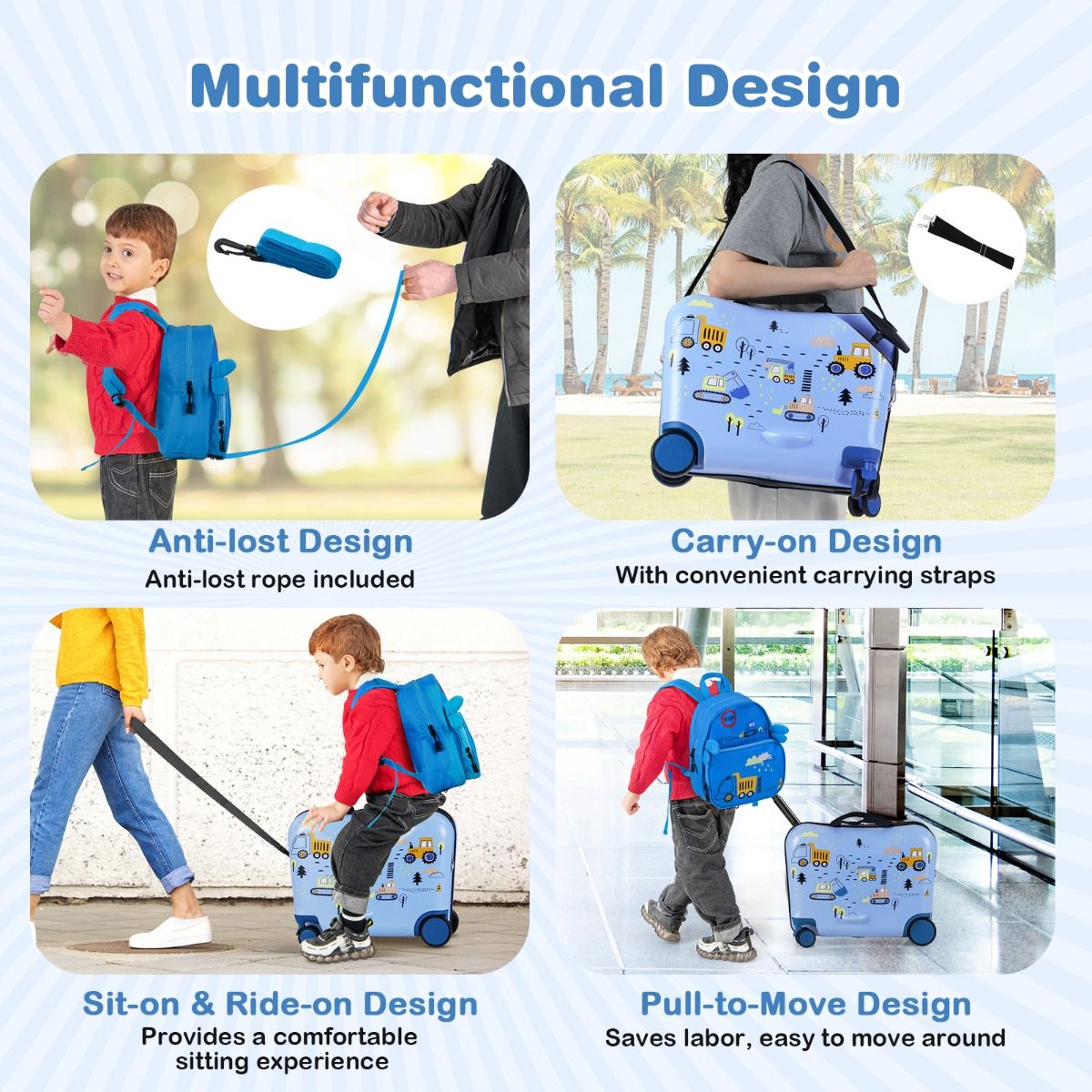 Ensemble de valises pour enfants Coast - Valise-siège et sac à dos - Multifonctionnel - Motif « pelleteuse »