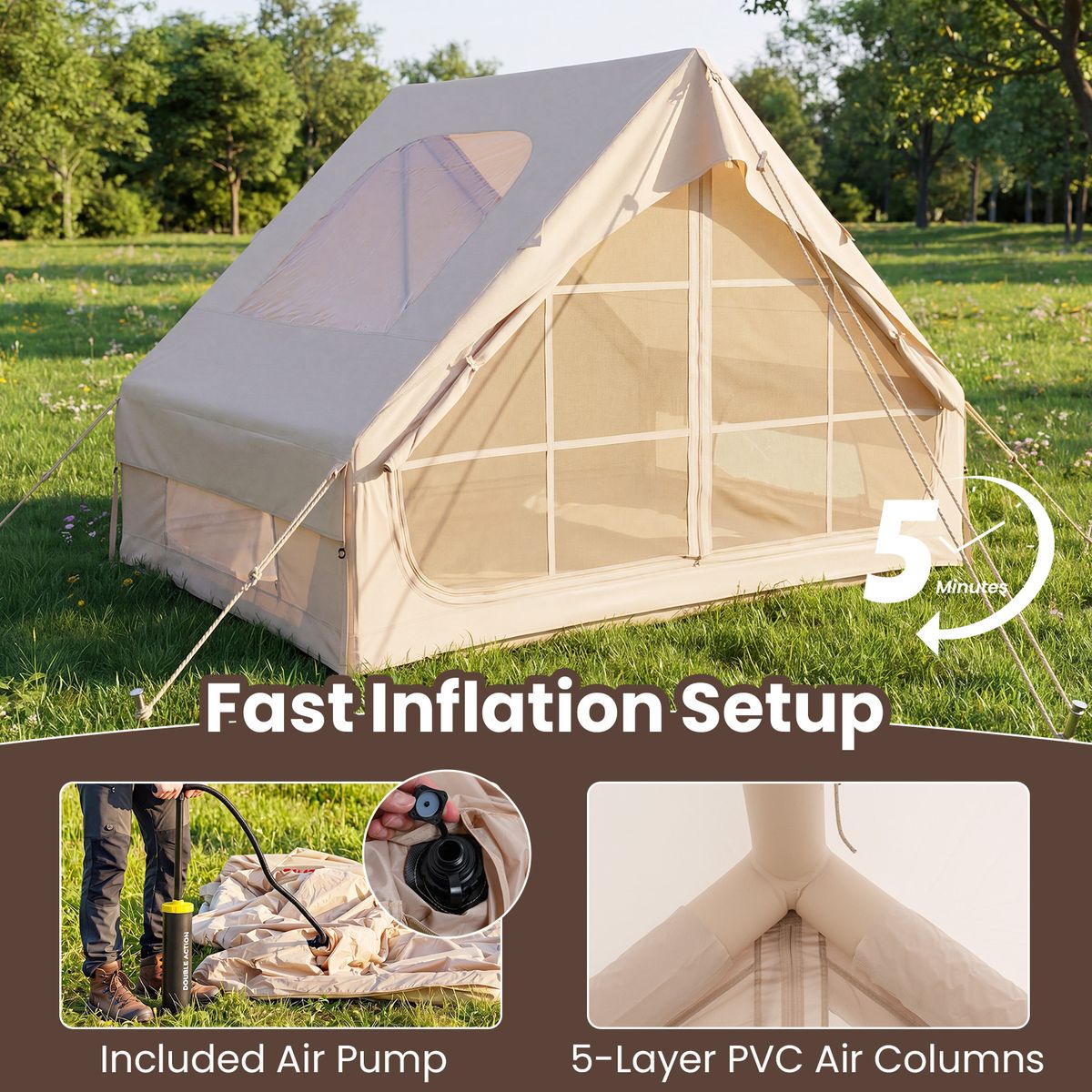 Tente de camping gonflable Coast - 4 personnes - 2 portes et lucarne - kaki - 295 x 205 x 200 cm
