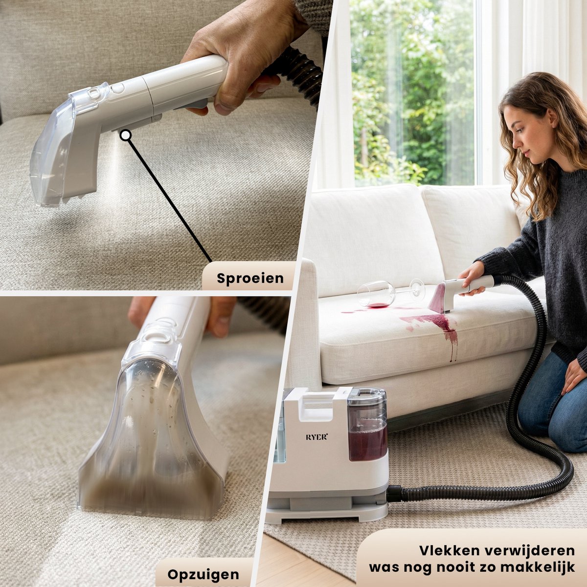 Nettoyeur de taches Ryer - Blanc - 400 W - Puissance d'aspiration de 9 000 Pa - Deux réservoirs d'eau de 1,9 L - 4 embouts - 30 x 15 x 30 cm