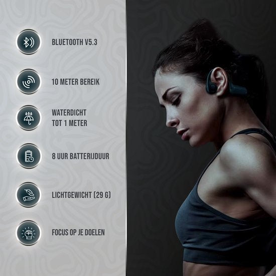 Tech Essentials Wave - Ecouteurs pour le sport - Sans fil - Oreille ouverte - IPX7 - Casque à conduction osseuse - Casque - Course - Bluetooth