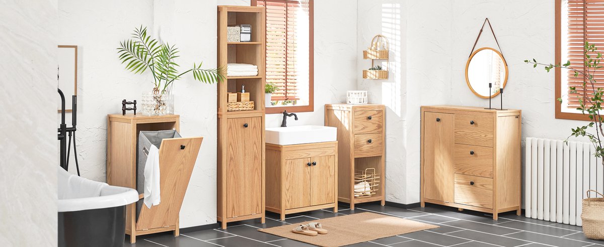 SoBuy BZR95-N Meuble de salle de bain - Meuble haut en bois composite avec étagères et panier à linge