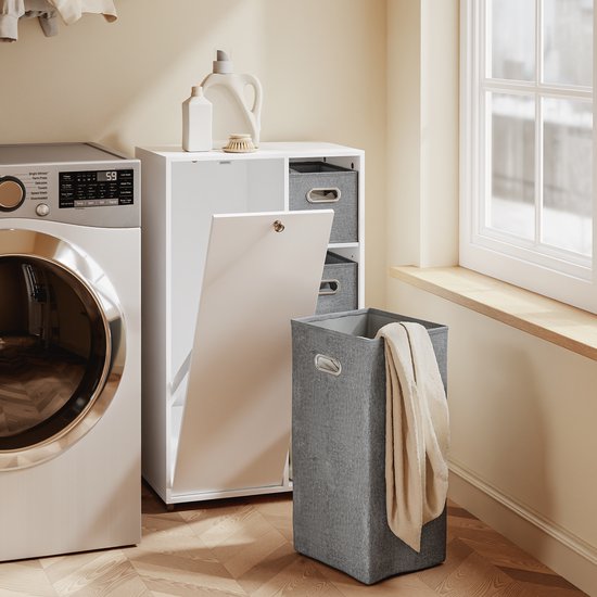Meuble de salle de bains SoBuy avec panier à linge, armoire de rangement avec 2 paniers en tissu, peu encombrant, linge sale, blanc, pour buanderie BZR218-W