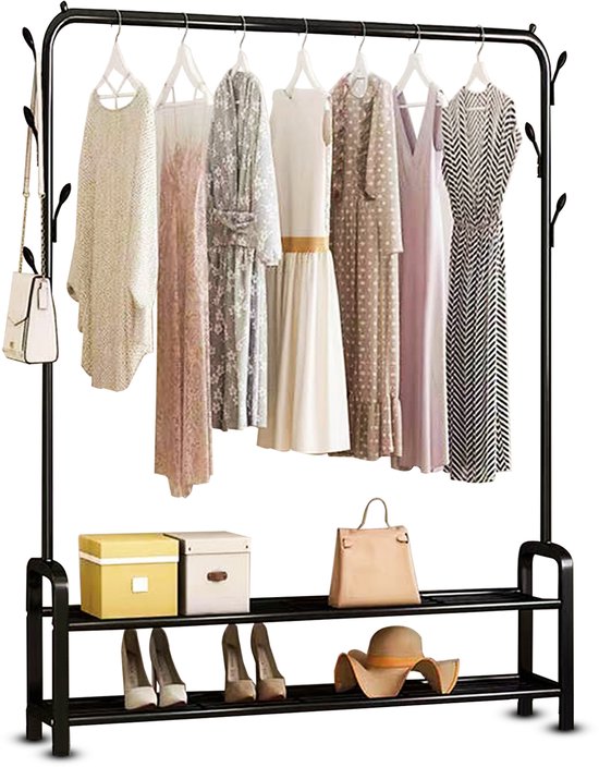 Vonia Rack à vêtements 152 x 34 x 102 cm - Rack à vêtements avec porte-chaussures - Rack à vêtements en métal - Rack de penderie - Noir