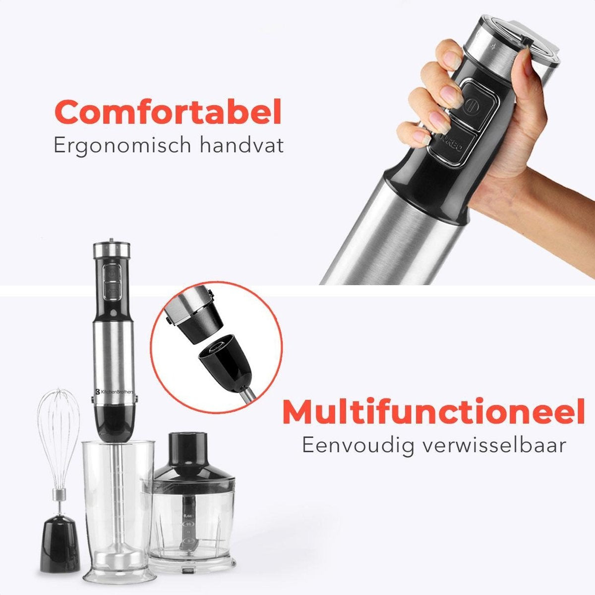 Mixeur plongeant 4 en 1 - KitchenBrothers - Hachoir - 800W - 600ML - Acier inoxydable