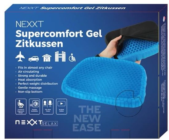 Coussin de siège en gel Nexxt - Coussin en gel avec housse lavable - Gel de qualité médicale - Base antidérapante - Soutient le dos - Ventilation et fraîcheur