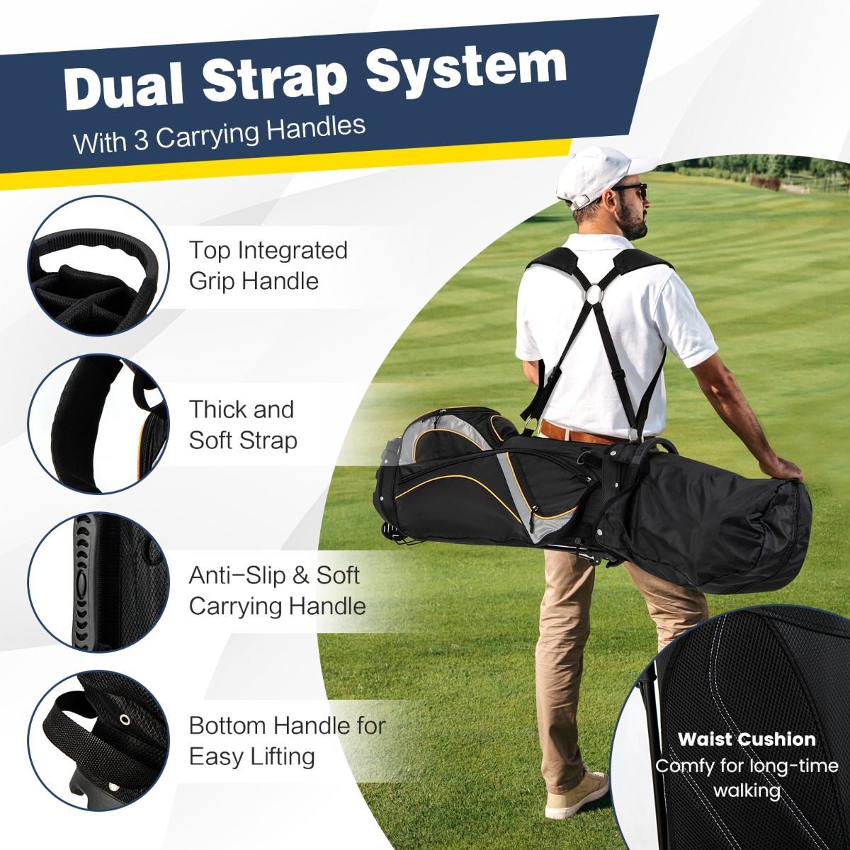 Sac de golf Coast - Organiseur à 8 compartiments - Système à double sangle - Noir