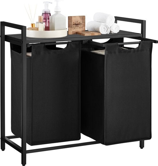 O'DADDY® Panier à linge 2 compartiments - trieur de linge extensible avec étagère - 73 x 33 x 72 cm - métal - gris foncé