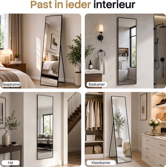 Infinity Goods Miroir en pied - Miroir mural - Miroir rectangulaire sur pied - Bordure métallique luxueuse - 160 x 40 cm - Noir