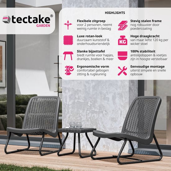 tectake® - Ensemble de meubles de jardin pour 2 personnes - meubles d'extérieur résistants aux intempéries pour balcon - salon de jardin - meubles de terrasse - ensemble de sièges avec 2x chaises longues et 1x table de jardin table d'appoint - aspect roti