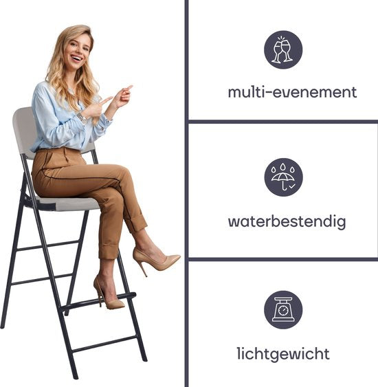 Chaise pliante haute pour l'intérieur et l'extérieur, tabouret de bar, avec dossier et repose-pieds, en plastique, peu encombrante, idéale pour les événements, les fêtes et la restauration, avec structure en acier et assise résistante aux intempéries, 45