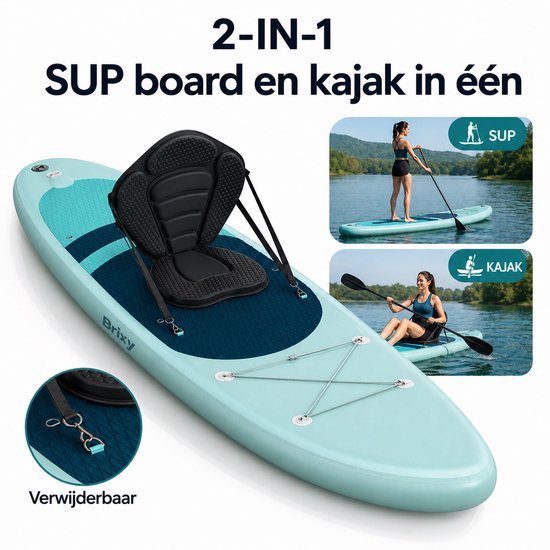 Planche de SUP 2-en-1 Brixy - avec siège - Planche de paddle gonflable - Kit complet - 335 cm - 175 kg max. - Vert menthe/Bleu