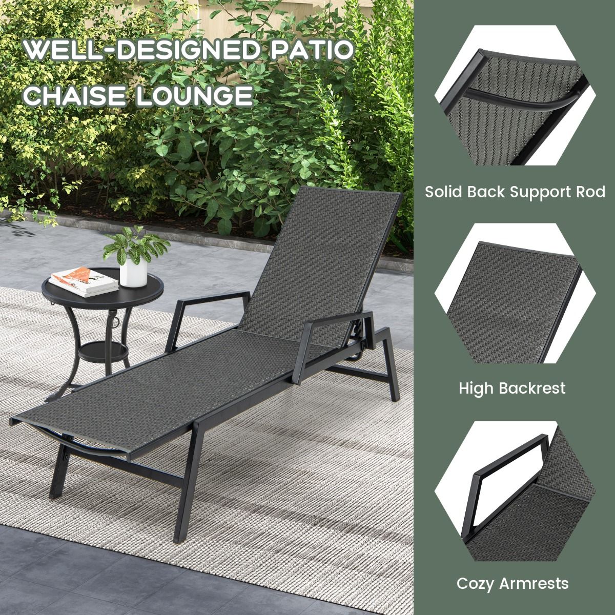 Chaise longue Coast Rotan - Dossier réglable sur 5 positions - Avec accoudoirs - Marron et noir