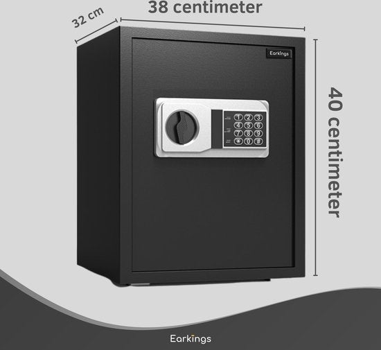 Earkings Safe 40x38x32 cm avec serrure à chiffres - Coffre-fort électronique - Comprend le matériel de fixation, deux clés de secours et une serrure d'alarme