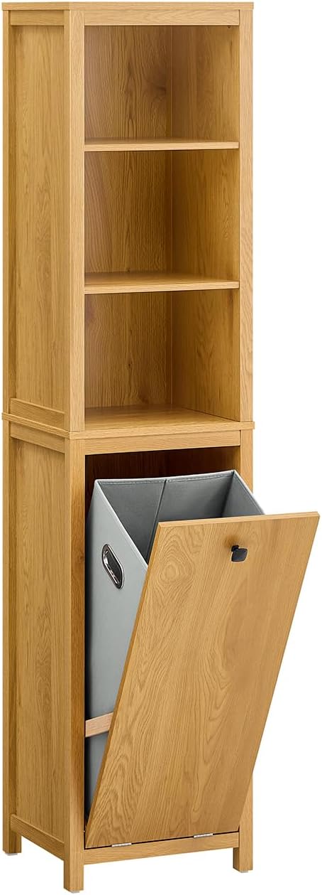 Armoire de salle de bain haute SoBuy avec panier à linge et 3 étagères - Fixation murale - Bois - 40 x 35 x 173 cm