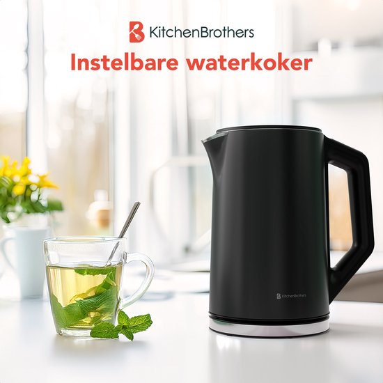 KitchenBrothers Bouilloire - Électrique - 1,5L - 2200W - Contrôle de température réglable - Double paroi - Bouilloire en acier inoxydable - Noir