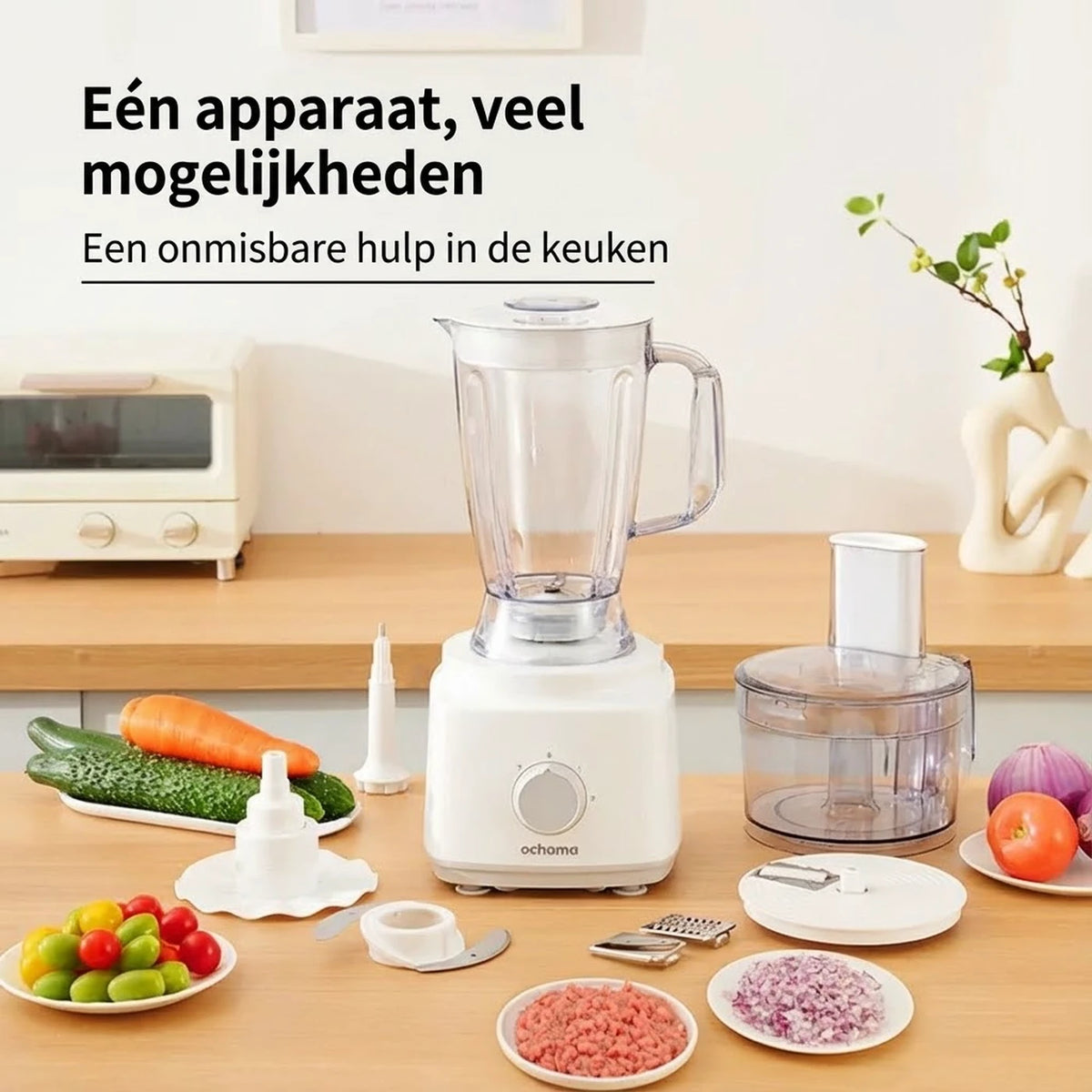 Robot de cuisine Ochama 750 W – 1,8 L – Multifonction – Hachoir, mixeur, hachoir à viande, coupe-légumes et râpe – Lames en acier inoxydable