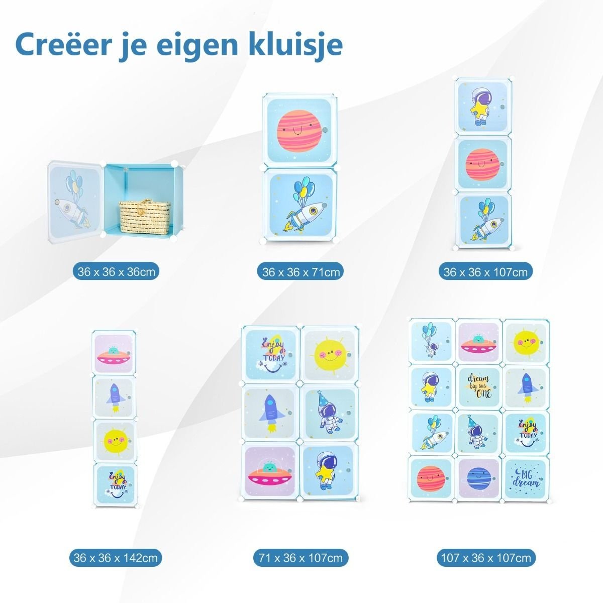 Penderie pour enfants Penderie pour bébés avec 2 sections suspendues et 12 cubes Mignonne commode de dessin animé pour chambre d'enfant Salle de jeux
