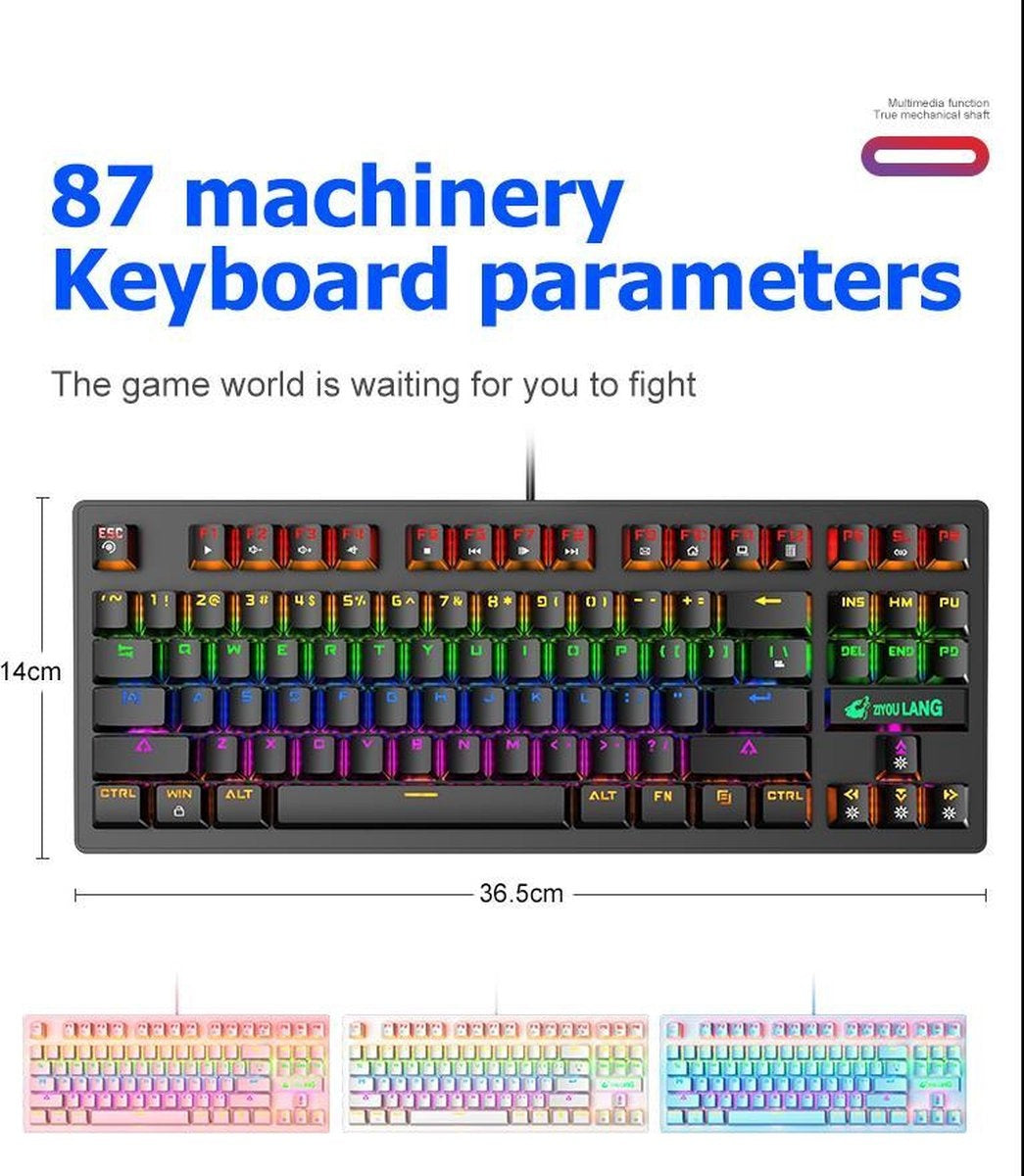 ZIYOULANG K2 RGB mechanical 87keys TKL gaming keyboard - Clavier de jeu Windows/Mac - interrupteur bleu - Clavier mécanique - Claviers de jeu anti-ghosting - Noir