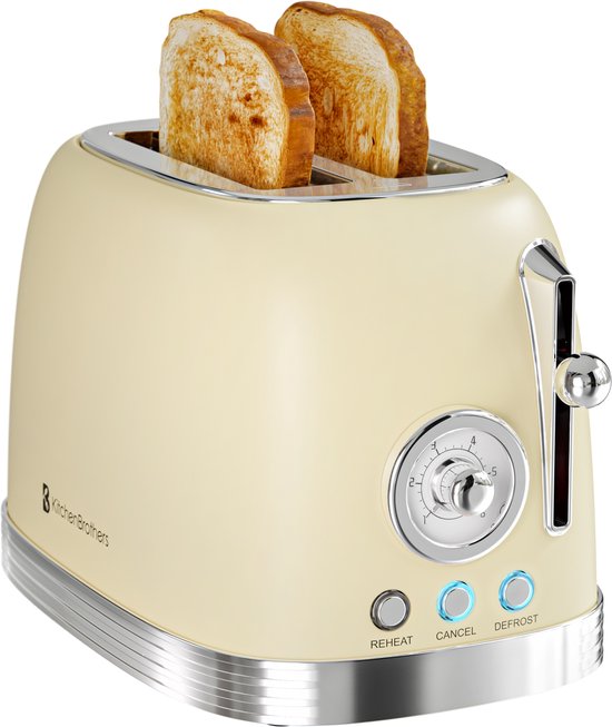 KitchenBrothers Retro Toaster - Grille-pain - 6 niveaux de chaleur - 2 fentes extra-larges - 815W - Beige