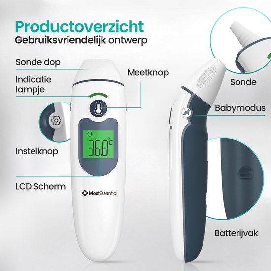 MostEssential Thermomètre digital de fièvre 2-en-1 - Thermomètre auriculaire - Thermomètre frontal et corporel - Thermomètre de fièvre pour adultes, enfants et bébés - Sans contact - IR30