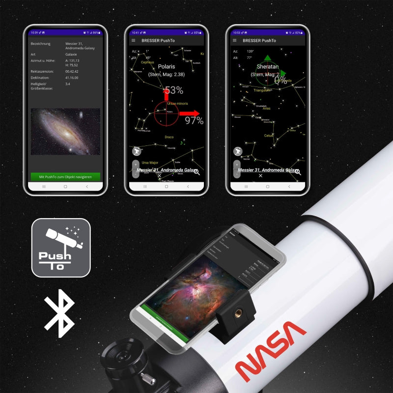 Télescope Bresser ISA Space Exploration NASA PushTo AR 70/350 Smart – Réfracteur de 70 mm avec application et filtre solaire