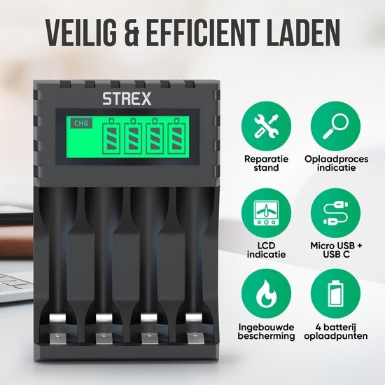 Strex Battery Charger - AA/AAA Batteries - USB Rechargeable - LCD Display - Universal Battery Charger For Rechargeable Batteries