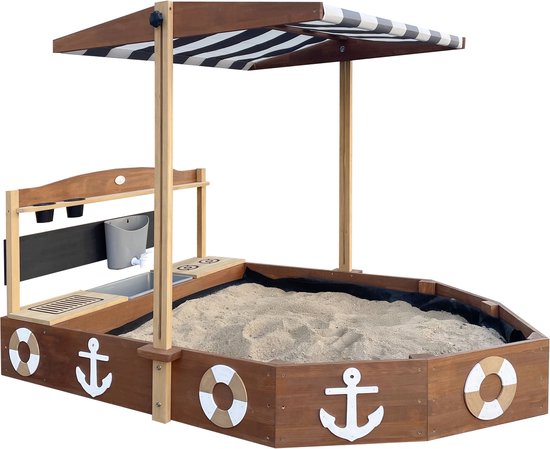 Bac à sable AXI Dora Boot avec cuisine ludique et toit (UV50) 160 x 100 cm Anthracite/marron – Avec tableau noir et espace de rangement - Toile de protection incluse - Garantie 10 ans !