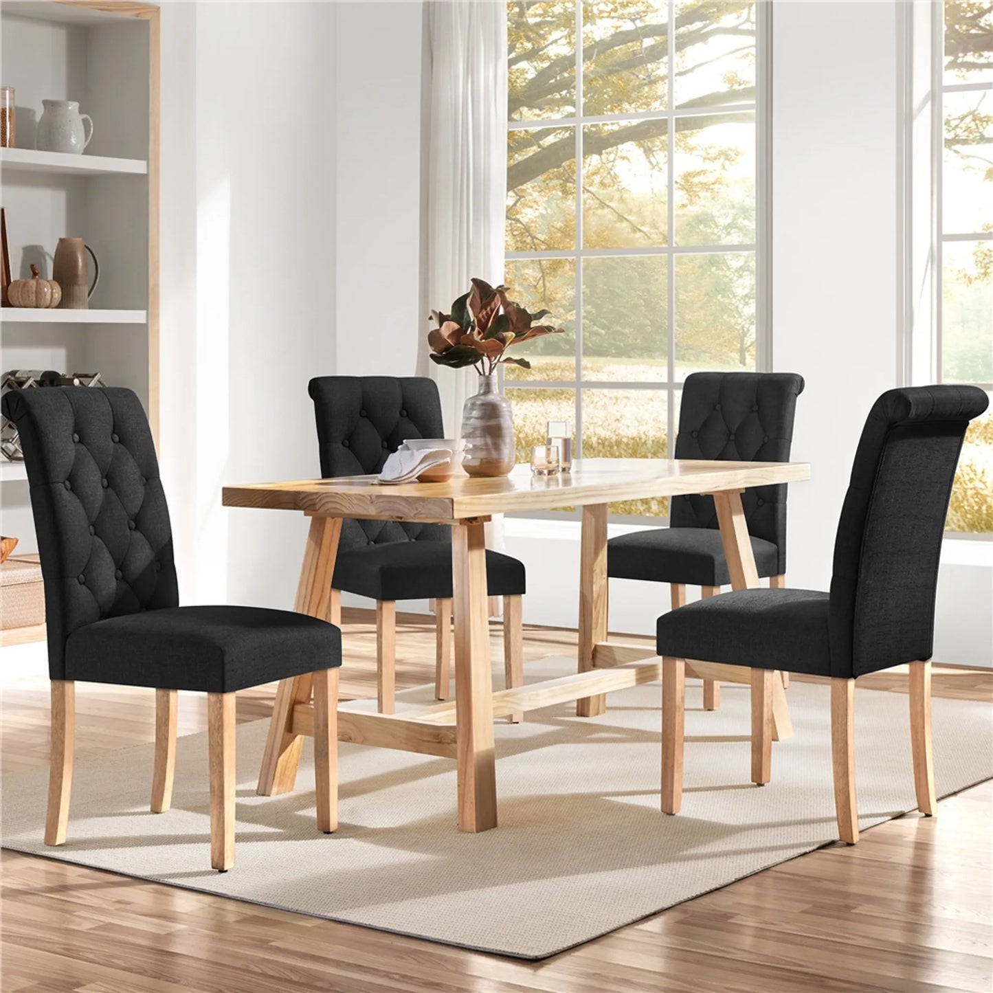 Yaheetech Chaise de salle à manger à dossier haut 2 pièces - avec dossier rembourré et pieds en chêne massif et pieds protecteurs réglables - pour cuisine et restaurant - polyester noir et chêne - 45,5 x 62 x 98,5 cm