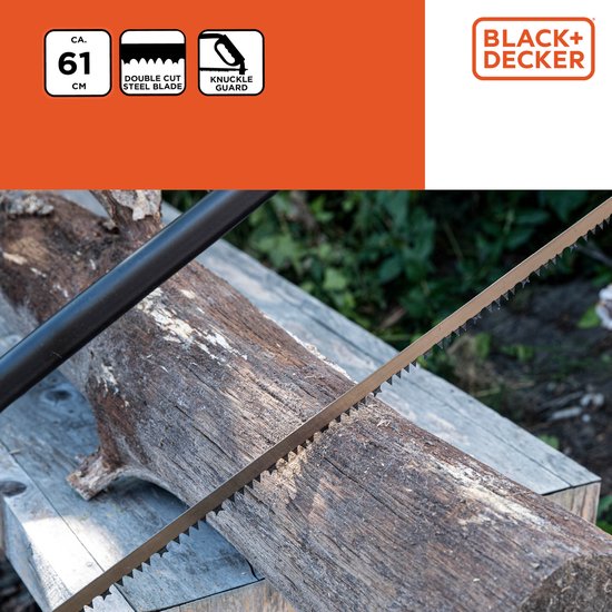 BLACK+DECKER Scie à archet - 24"/ 61CM - Poignée souple et confortable - Absorption des chocs - Protection des articulations - Acier - Noir/Orange
