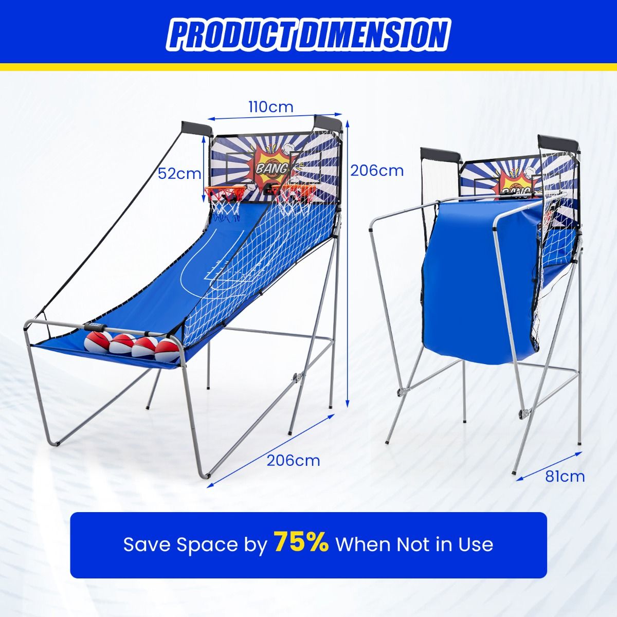 Cerceau de basket-ball pliable Coast - 206x110x206 cm - Bleu - 4 ballons + pompe gonflable + système de score électronique pour 1-4 joueurs