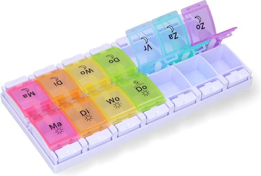Boîte à pilules Gandria 7 jours - Boîte à pilules - Boîte à pilules avec 14 compartiments - Boîte à médicaments avec fermeture solide - Grands compartiments - Différentes couleurs