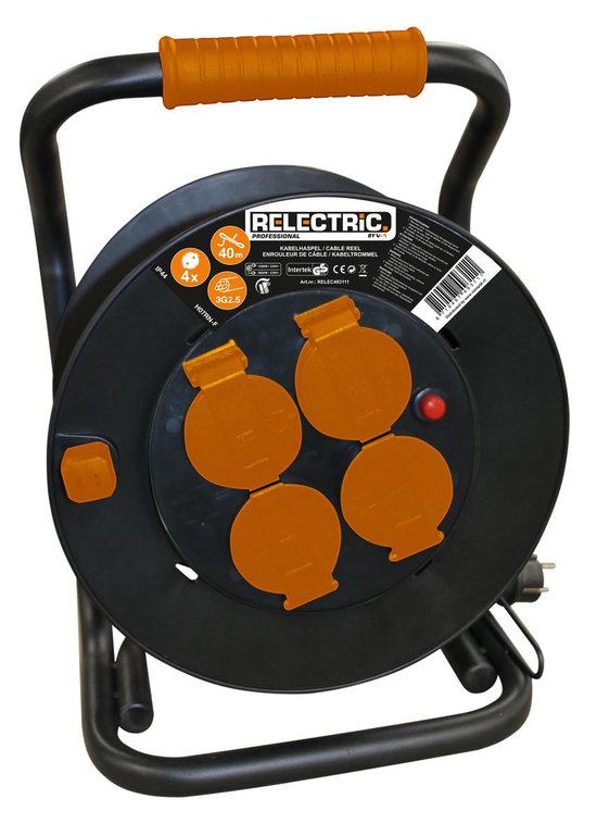 Enrouleur de câble Relectric Pro – 40 m – 4 prises – Avec bouton d'enroulement – Terre – IP44 – RELEC493111