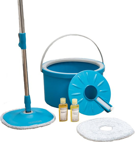 Système de nettoyage Livington Clean Water Spin Mop à eau claire, avec nettoyant et tampons inclus - sépare l'eau sale de l'eau propre - Balai à franges adapté à tous les types de sols - Tête pivotante à 360° - Édition vente par correspondance