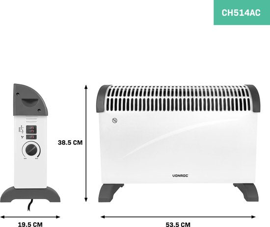 VONROC Chauffage électrique - Convecteur avec ventilateur de radiateur intégré - 3 réglages : 750W/1250W/2000W - Thermostat réglable - Chauffe les pièces jusqu'à 24m2 - Boîtier très robuste - Blanc