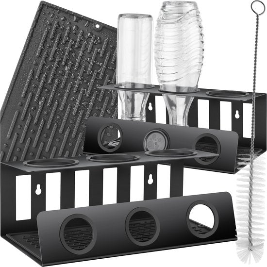 tectake® Porte-bouteilles de soda - Egouttoir pour bouteilles - Support pour bouteilles - Egouttoir - Acier inoxydable - Tapis d'égouttage amovible inclus - Pour 3 bouteilles